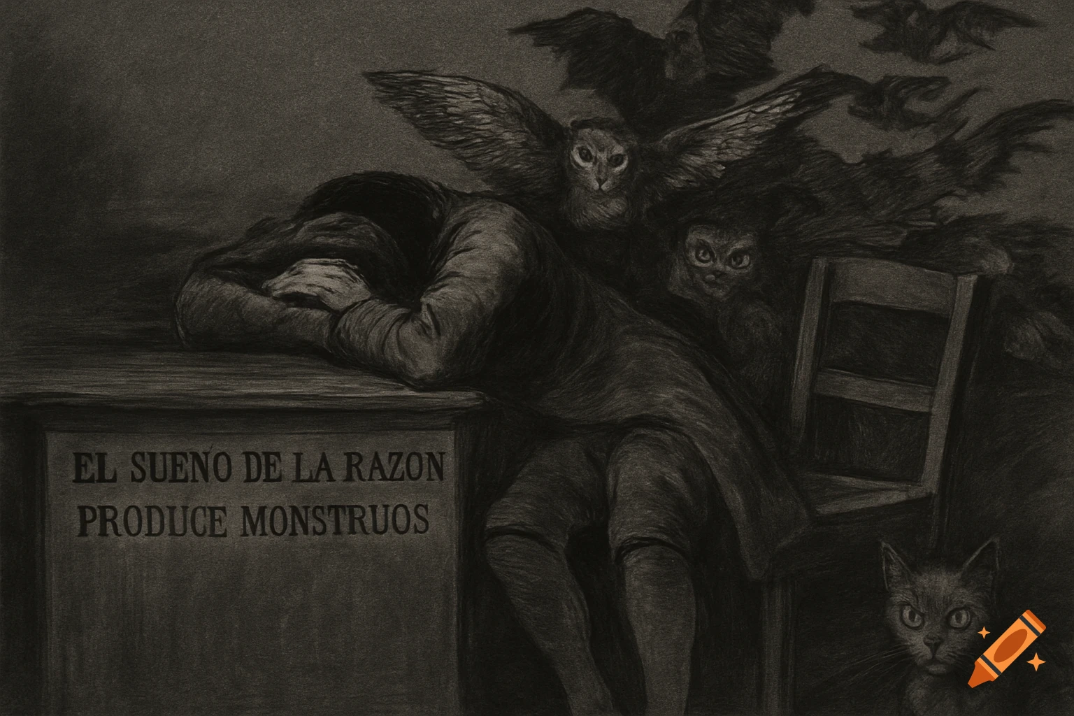 Grayscale drawing of a man asleep on a desk, surrounded by flying owls and bats, with a cat looking up from the foreground. The desk reads 'El sue The text 'El sue