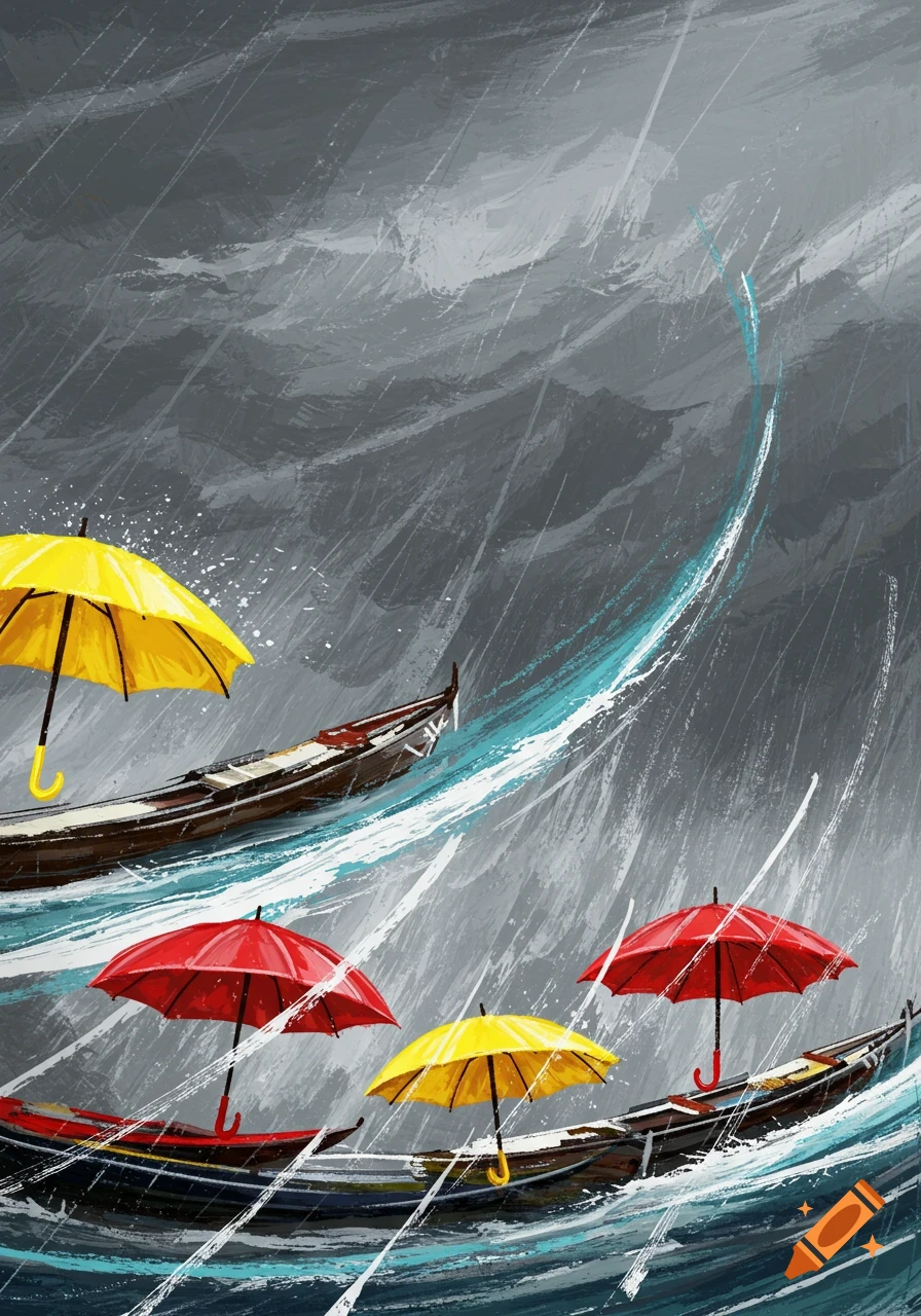Abstract painterly illustration of red and yellow umbrellas in small boats on a stormy, rainy gray sea with white and blue waves.