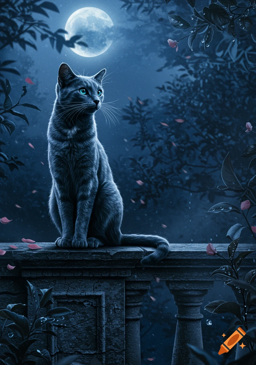 A sleek grey cat with bright blue eyes sits on a stone balustrade under a luminous full moon in a mystical, dark forest.