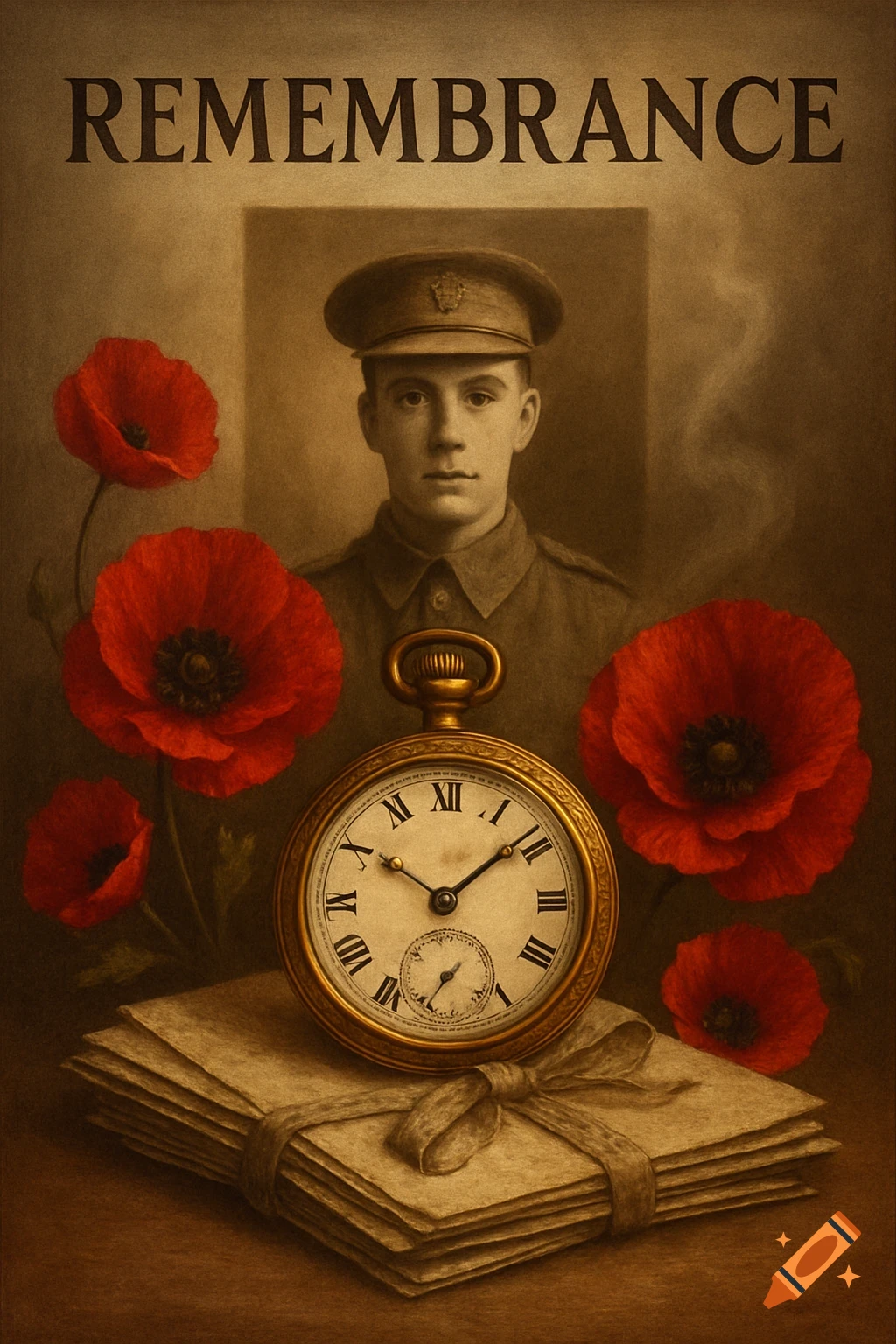 Vintage poster for Remembrance with a soldier, red poppies, a pocket watch, and letters.