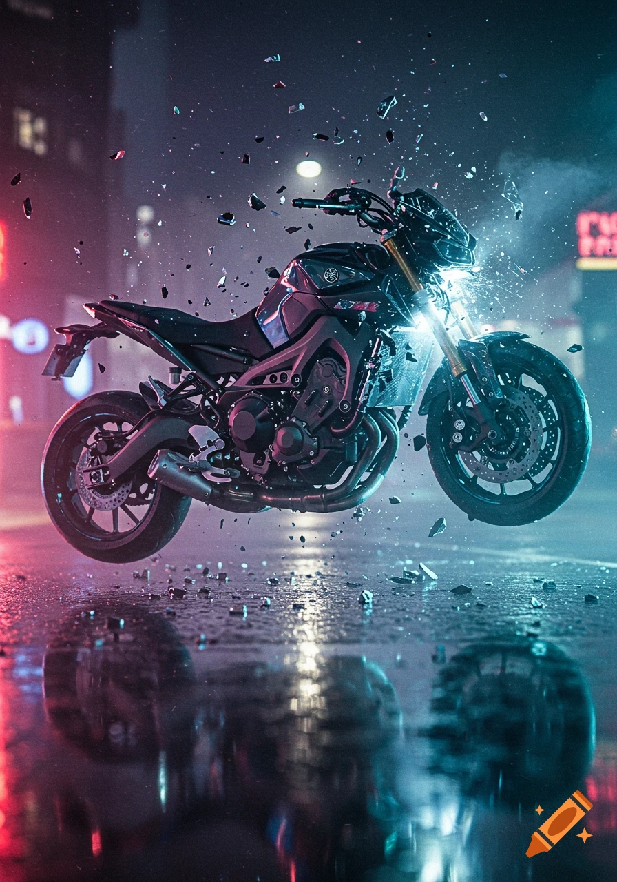 A black Yamaha motorcycle is suspended mid-air, surrounded by shattering debris on a wet, neon-lit street at night.