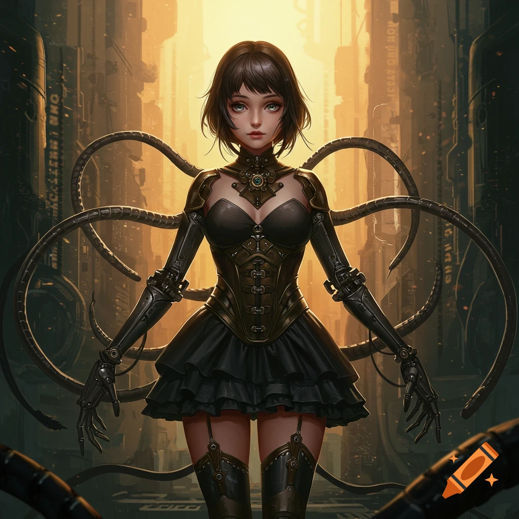A stylized anime girl in a dark steampunk and cyberpunk outfit with mechanical arms and tentacles stands in an industrial city.