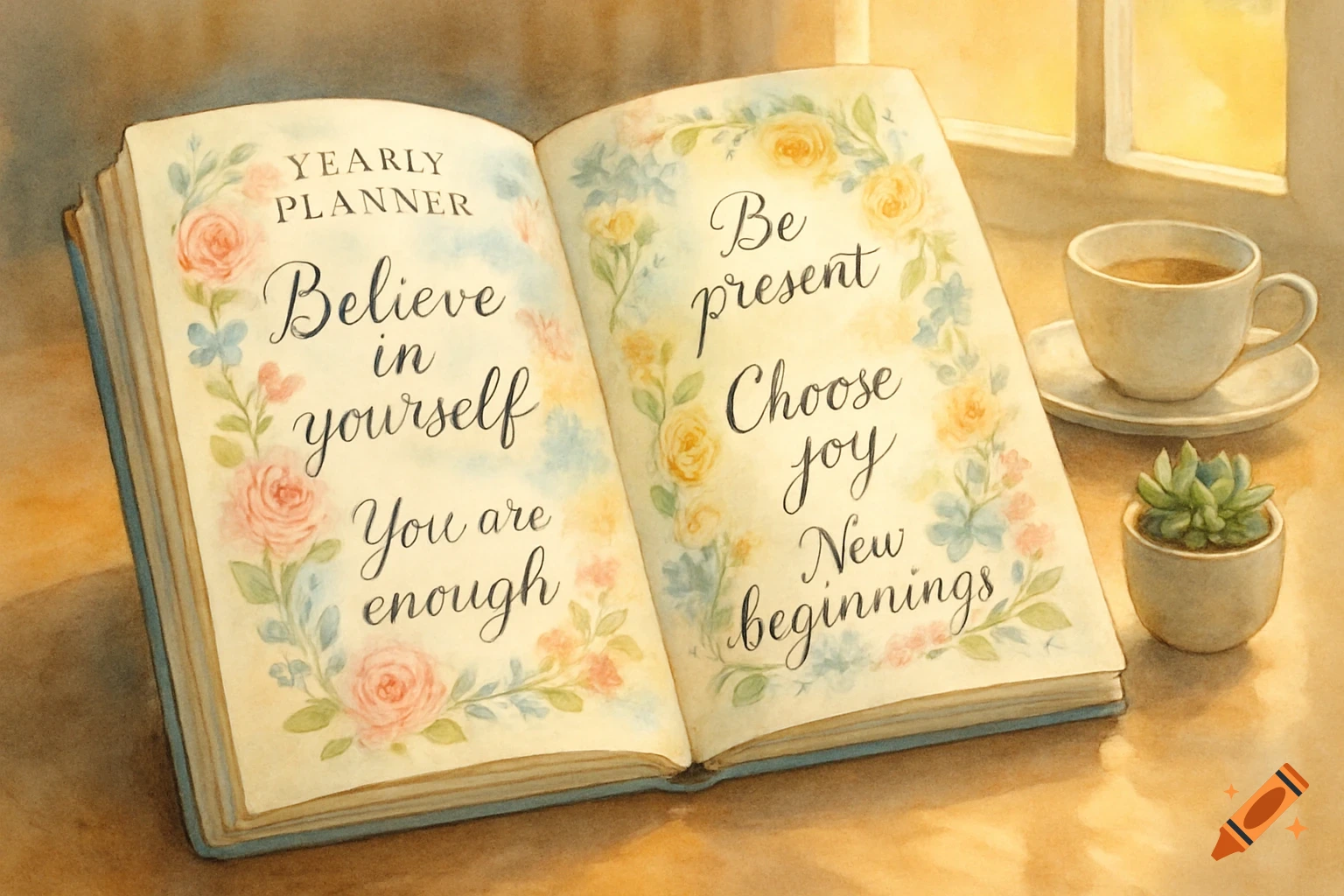 An open watercolor planner displaying motivational phrases, next to a coffee cup and a small succulent.