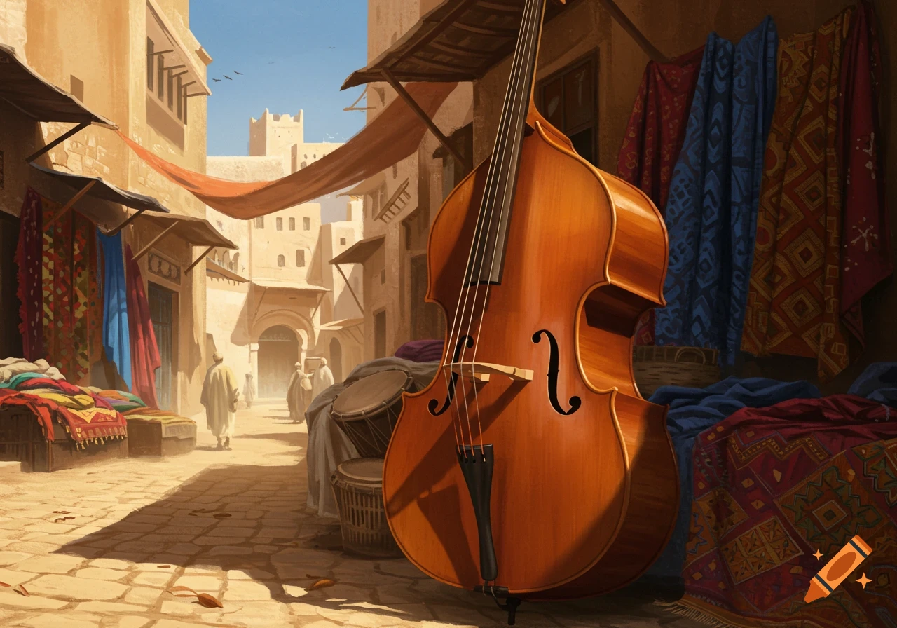 A large double bass stands prominently in a sunny North African market street with colorful textiles and traditional architecture. Painting.