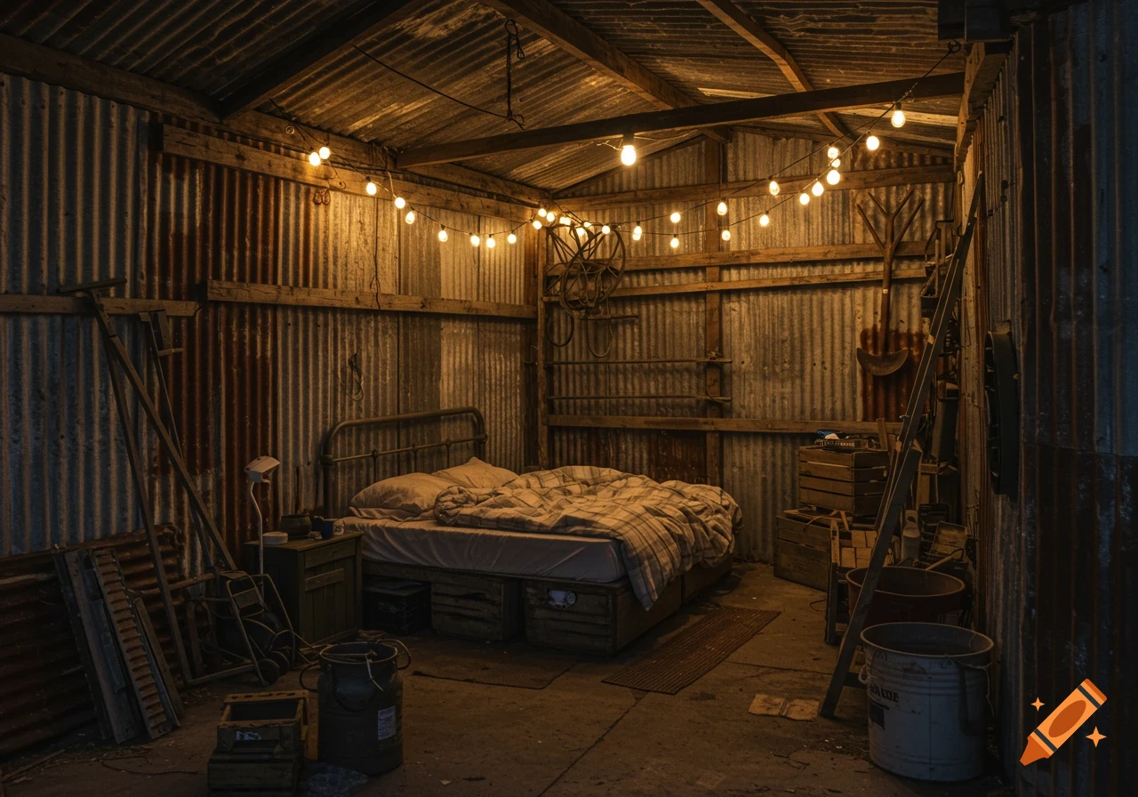 A rustic bedroom in a corrugated metal shed is lit by string lights. A messy bed, nightstand, and tools fill the space.
