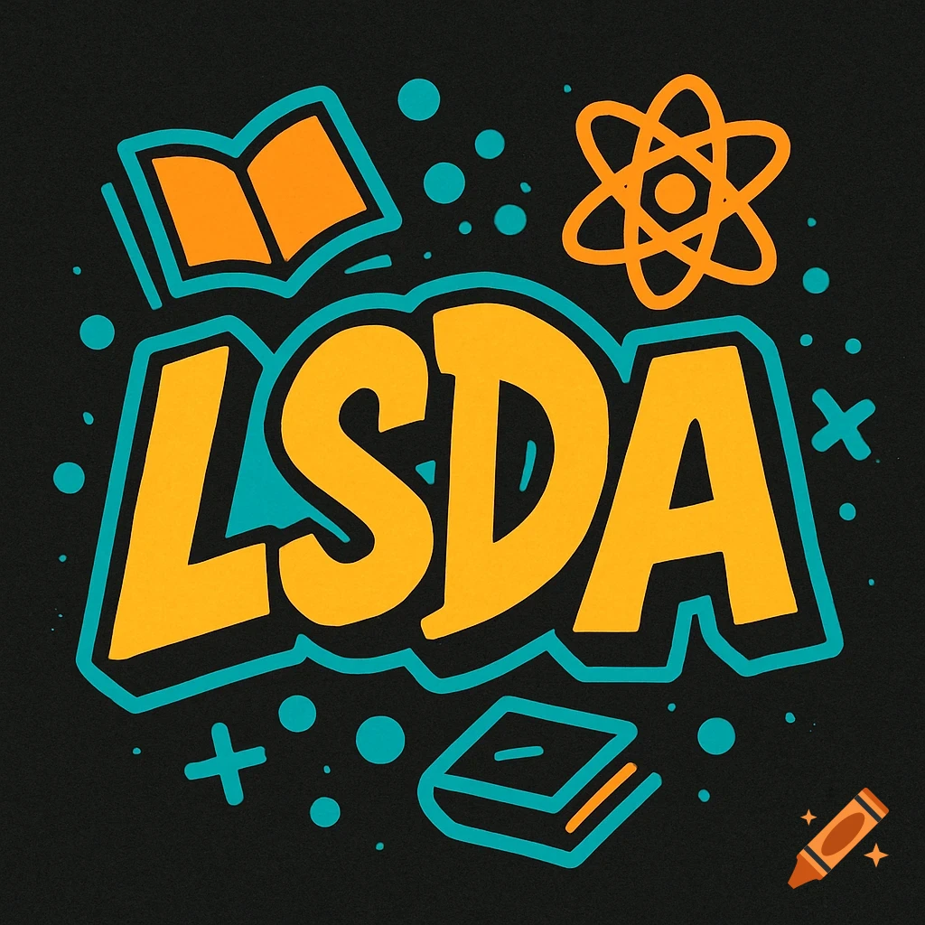 Bold, cartoon-style streetwear logo for a school with the letters LSDA, an open book, and an atom symbol in yellow-orange and teal on a black background.