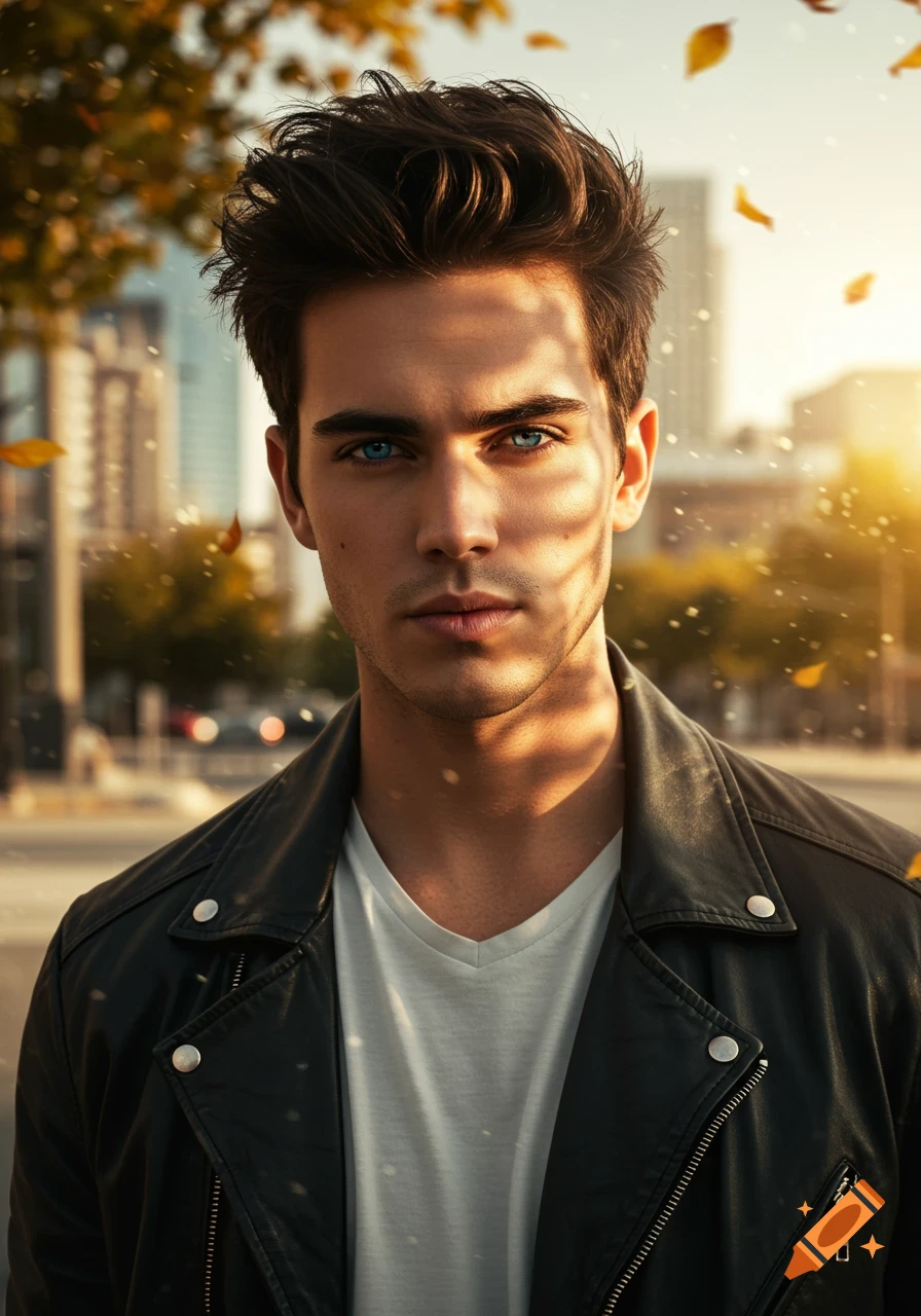 Close-up photorealistic portrait of a young man with blue eyes and dark hair, wearing a black leather jacket, in a sunny city street with falling leaves.