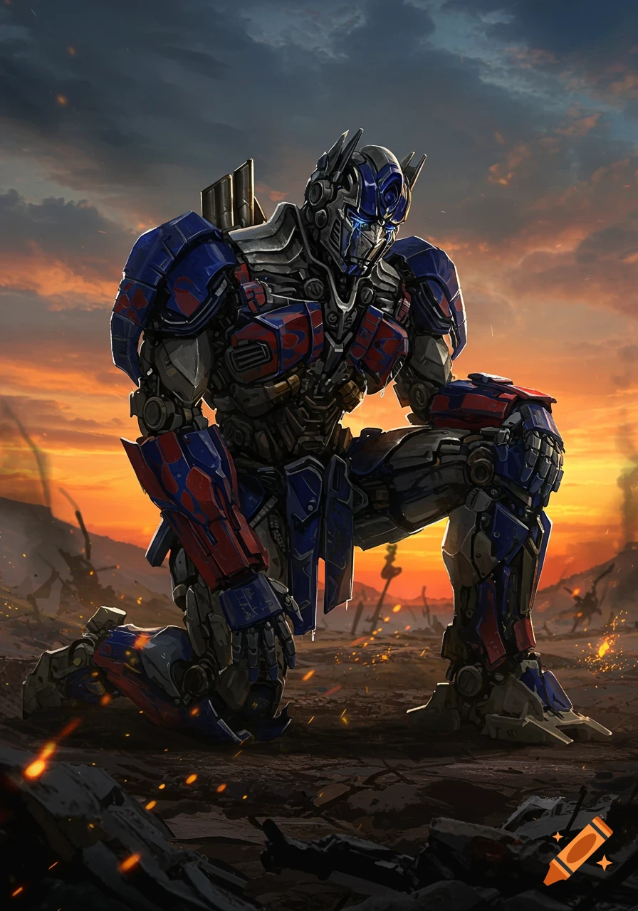 Optimus Prime kneels on a battle-scarred ground at sunset, against a dramatic orange and grey sky.