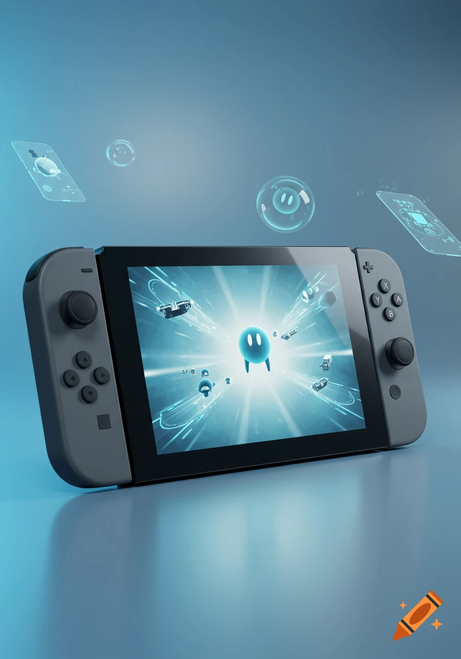 A grey gaming console, resembling a Nintendo Switch, with detachable controllers. The screen displays a glowing blue character in a futuristic game, surrounded by holographic elements on a blue background.
