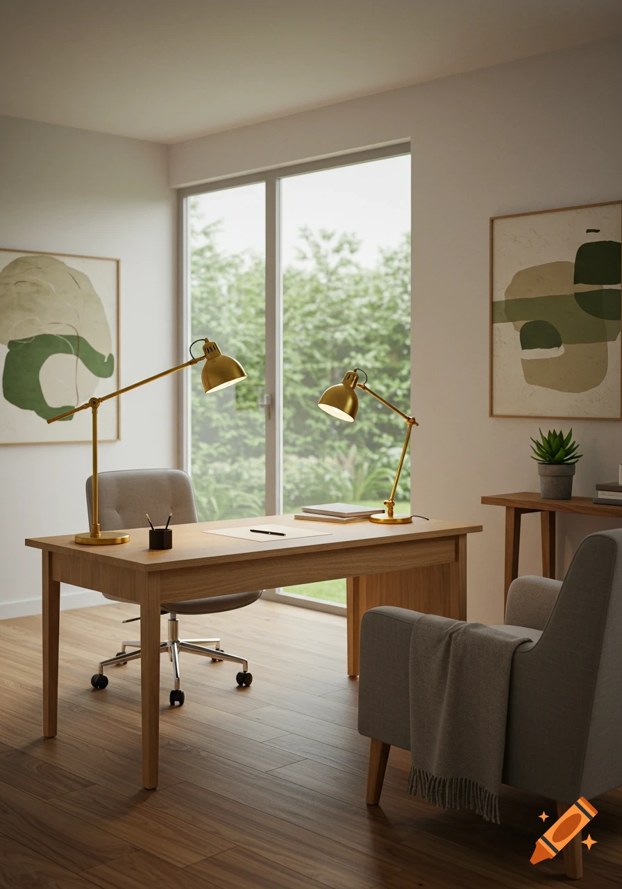 A modern home office with a wooden desk, two brass lamps, an office chair, and an armchair next to a large window overlooking a garden.