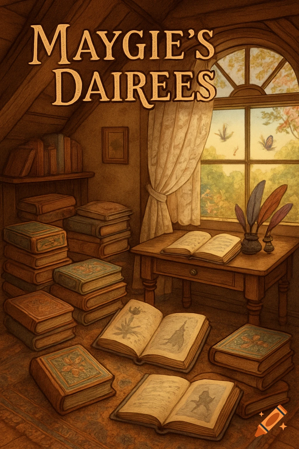 A cozy, painterly attic room with stacks of old books, a desk with quills, and a window overlooking nature, featuring text 'MAYGIE'S DAIREEES'.