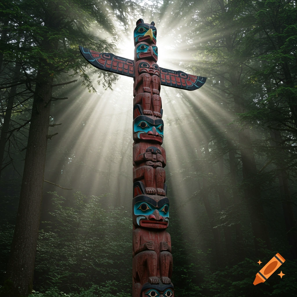 A tall, colorful totem pole stands prominently in a misty forest, illuminated by bright sunbeams.