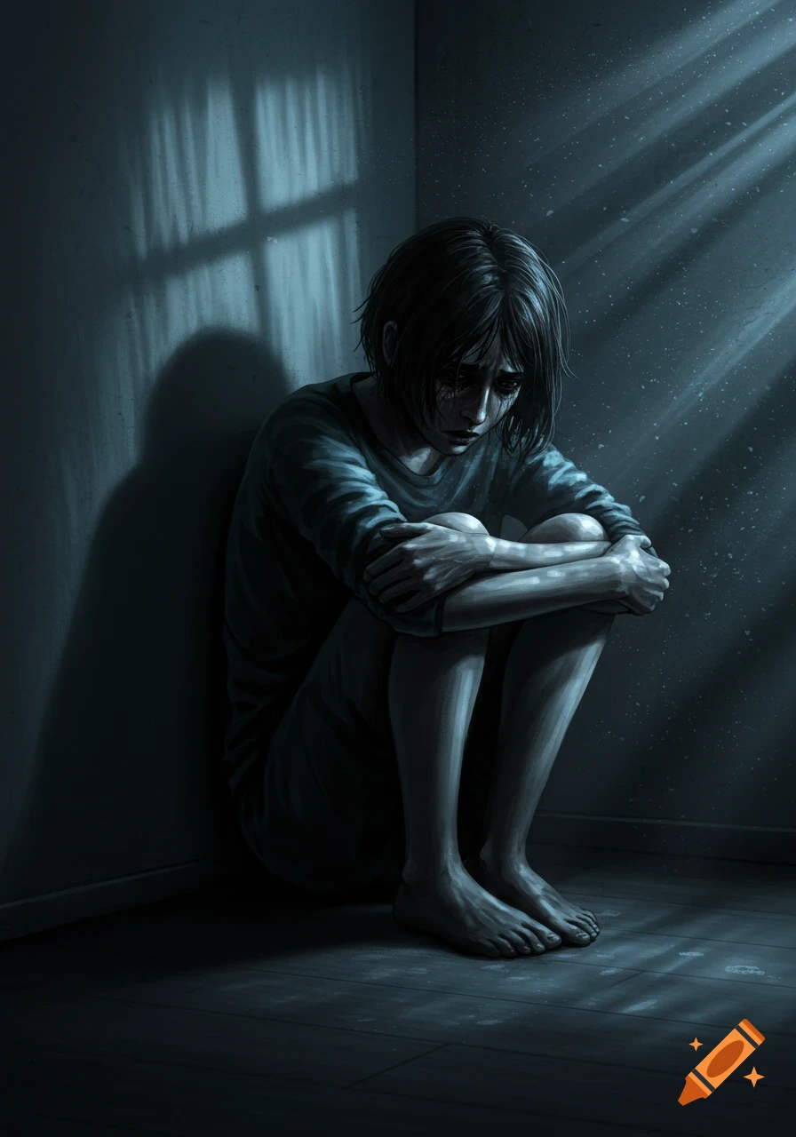 A person with dark hair crouches in a dimly lit room corner, appearing distressed, with light rays filtering in.