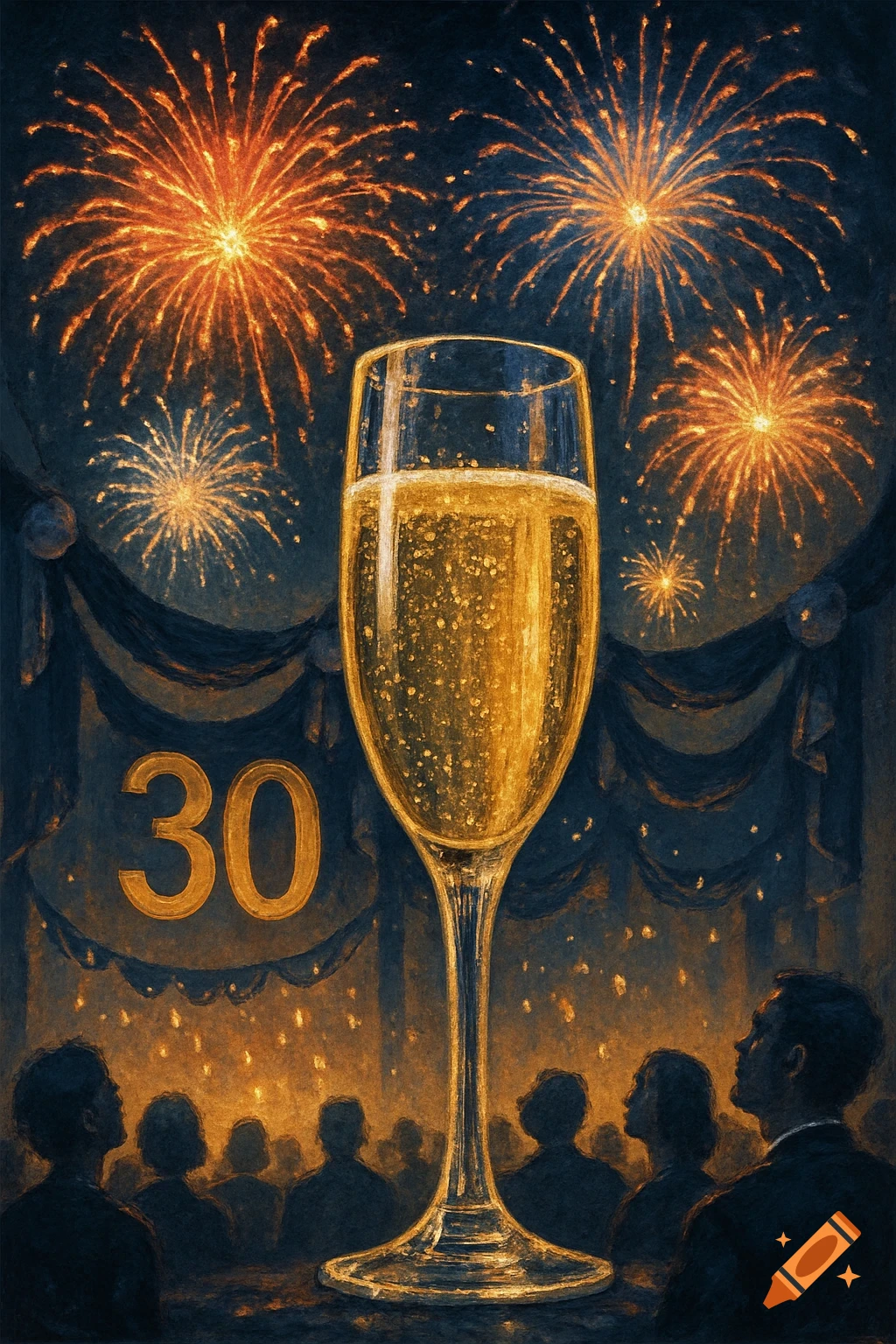 A golden champagne flute against a dark, painterly sky with vibrant fireworks and the number "30"; silhouetted people watch below.