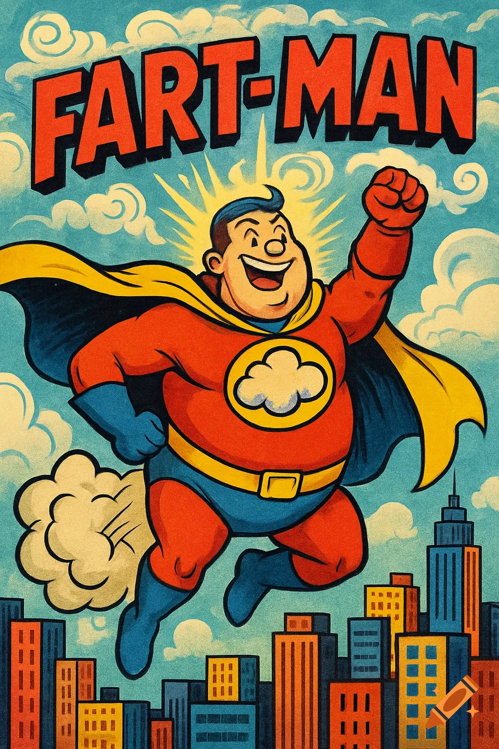 A smiling, portly cartoon superhero in a red, blue, and yellow suit flies over a city, with 'FART-MAN' text. Retro comic book style.