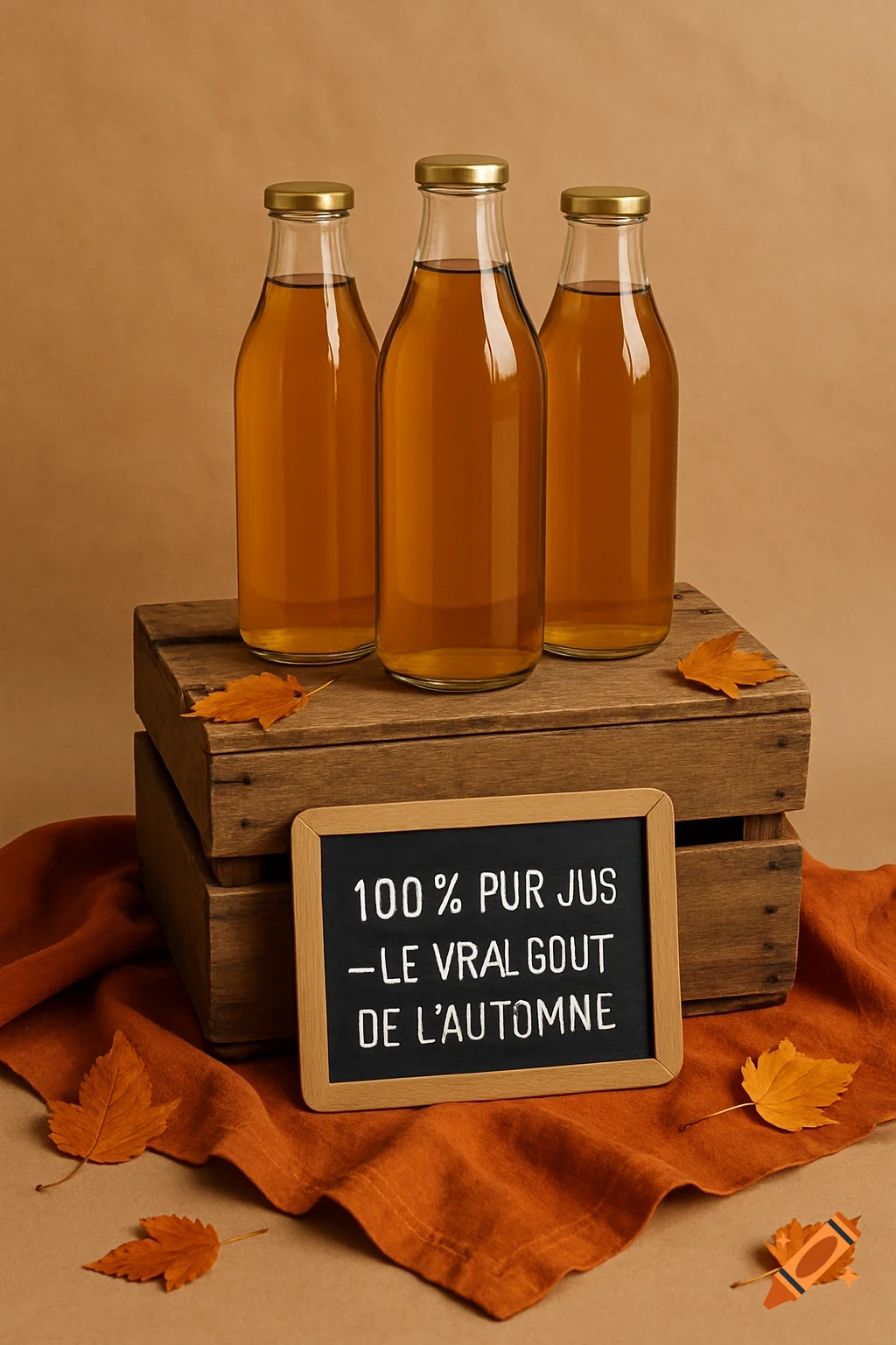 Photorealistic still life of three apple juice bottles on wooden crates, with autumn leaves, orange cloth, and a sign saying "100% pur jus – le vrai goût de l l’automne" on a kraft background.