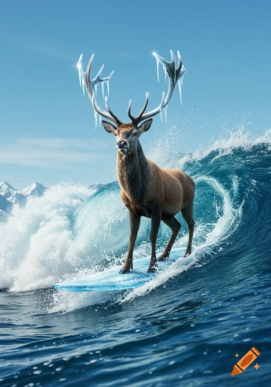 A photorealistic reindeer with icy antlers surfs a large ocean wave on a blue surfboard, with snowy mountains in the background.