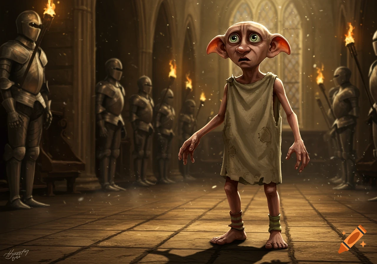 Dobby the house-elf stands nervously in a dimly lit castle hall with armored guards and torches, detailed digital painting.