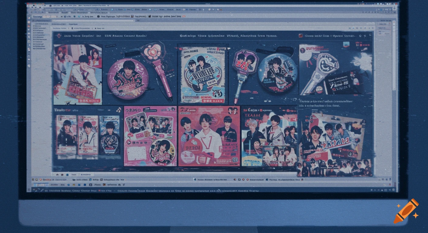 A desktop screen displays a blurred e-commerce website showing a grid of Japanese idol merchandise like badges and penlights, with a grainy, pixelated effect.