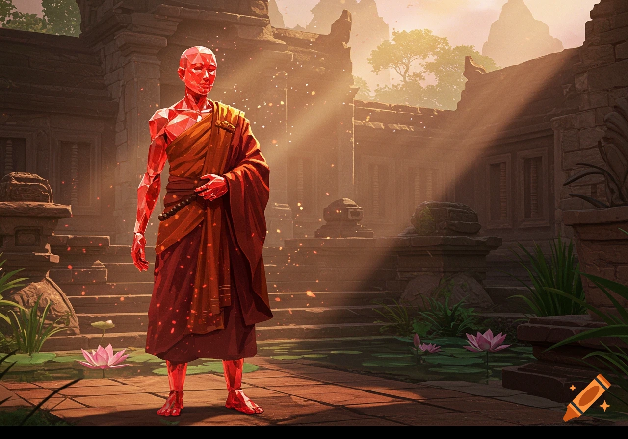 A stylized monk warrior with red faceted glass skin stands in an ancient temple ruin with lotus flowers, illuminated by sunset.