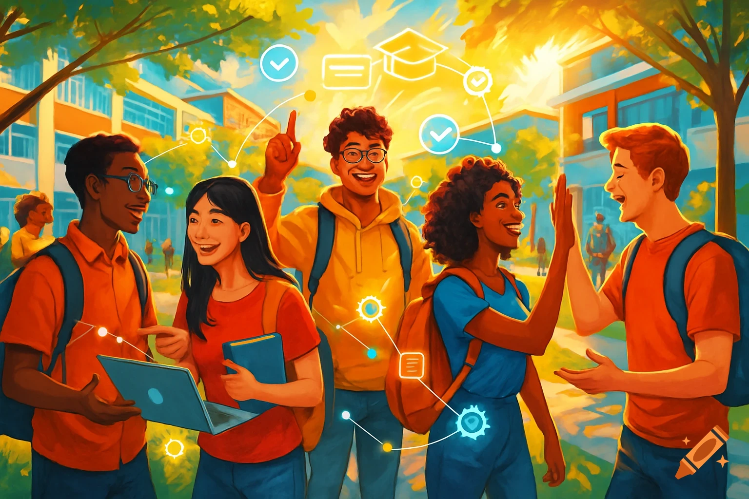 Vibrant illustration of a diverse group of happy students on a sunny campus, interacting and connected by glowing lines and educational icons.