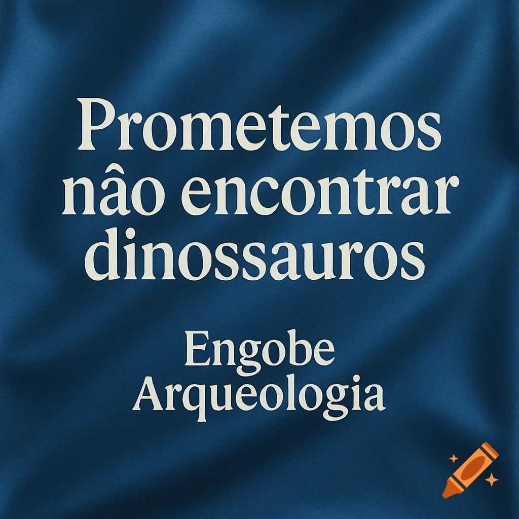 A blue background with cream text reading "Prometemos não encontrar dinossauros" and "Engobe Arqueologia".