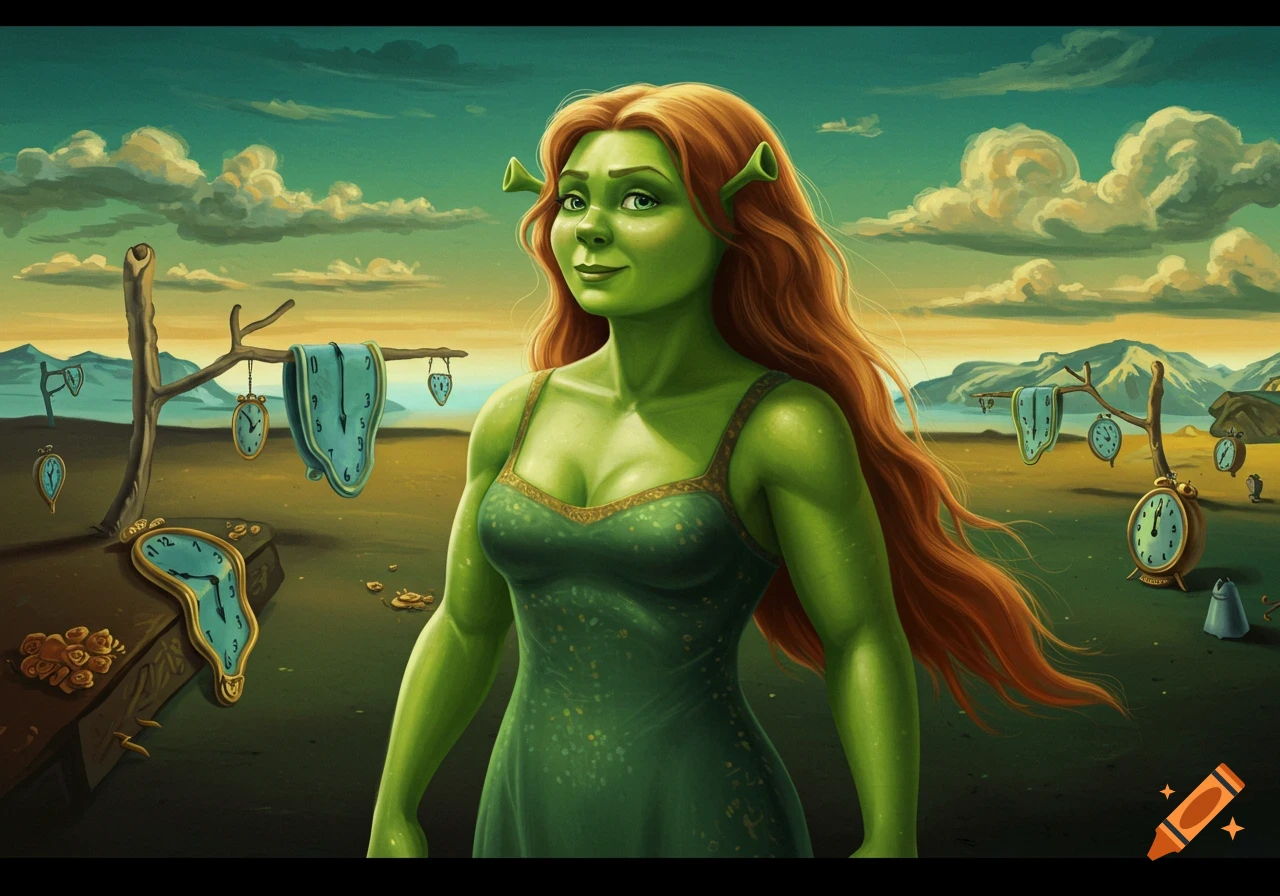 Fiona the green ogre with red hair stands in a surreal desert landscape with melting clocks, in the style of Dalí.