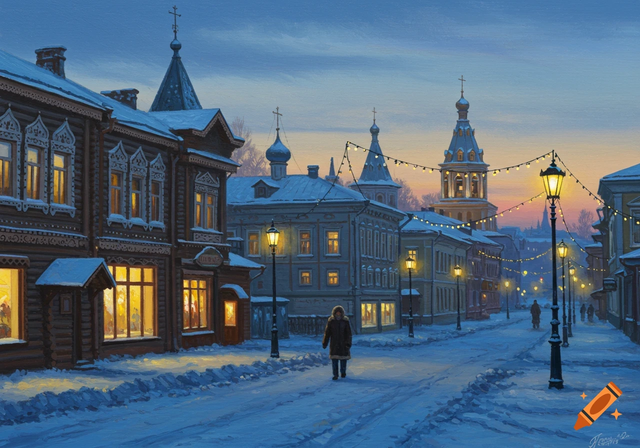 A snowy street in a Russian city at dusk, lined with traditional buildings and glowing streetlights, with a person walking down the center.