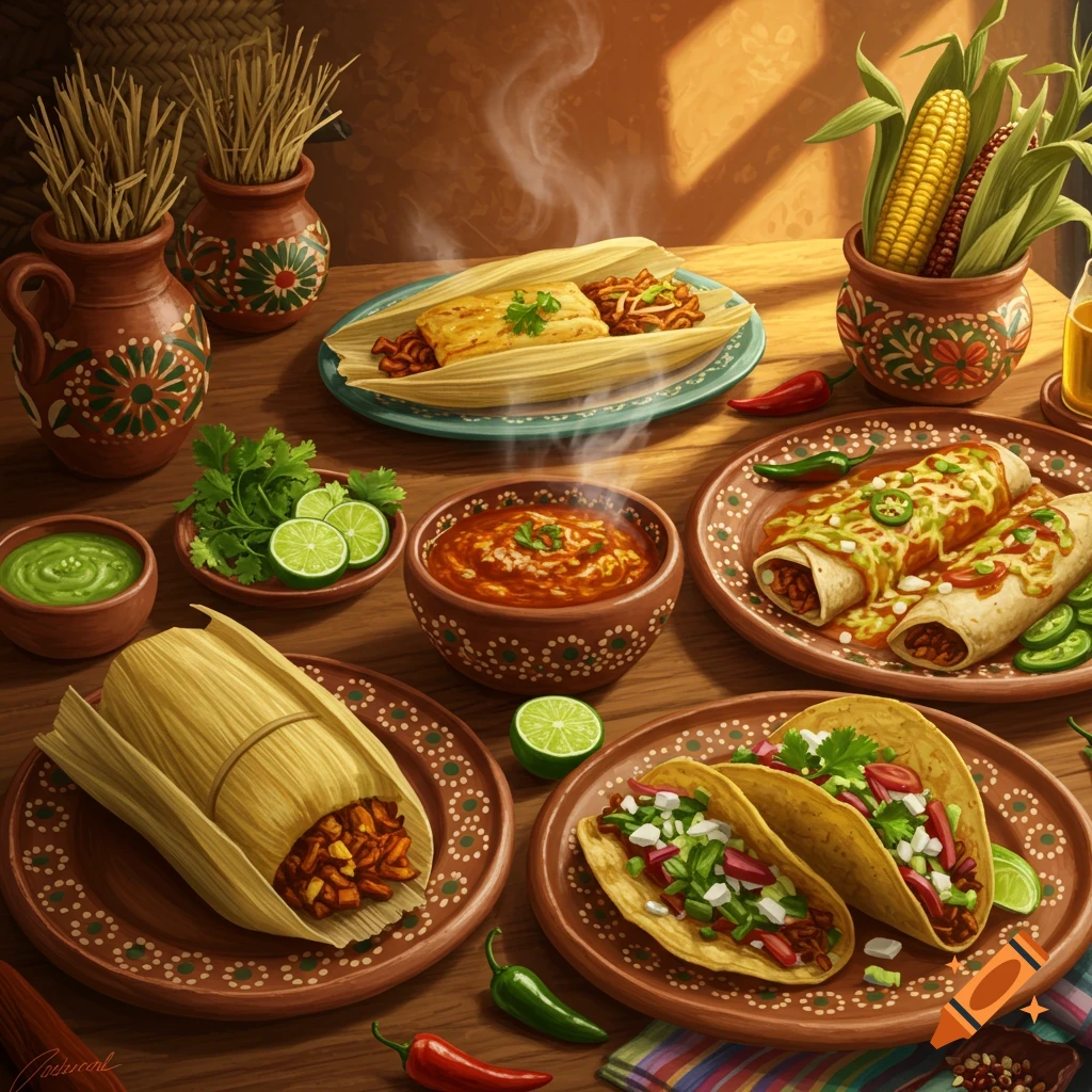 A rustic wooden table laden with various Mexican dishes: steaming tamales, enchiladas, tacos, bowls of salsa and guacamole, fresh limes and chiles, in a warm, illustrative style.