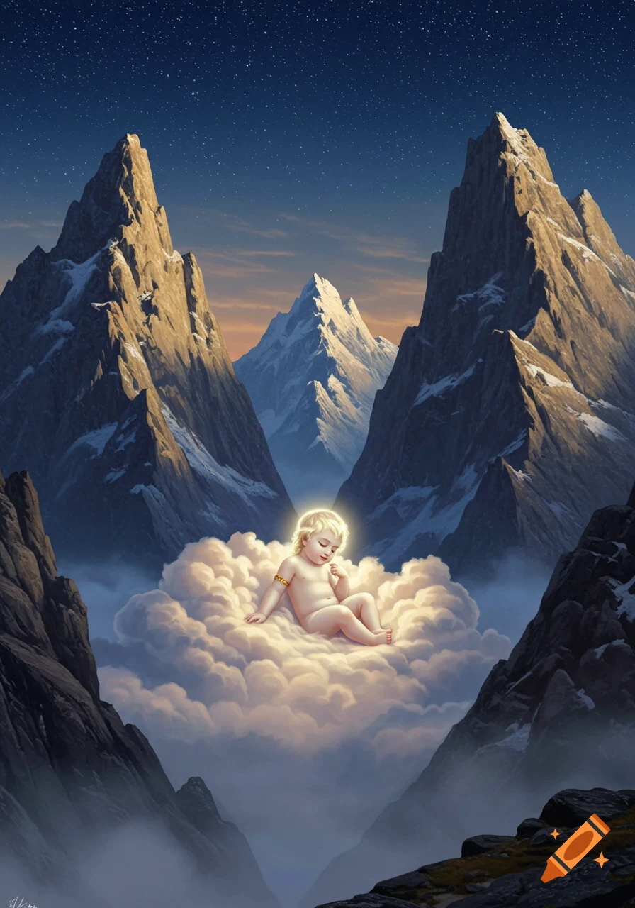 A glowing baby sits nude on a cloud in a mountain valley under a starry night, evoking Persian mythology.