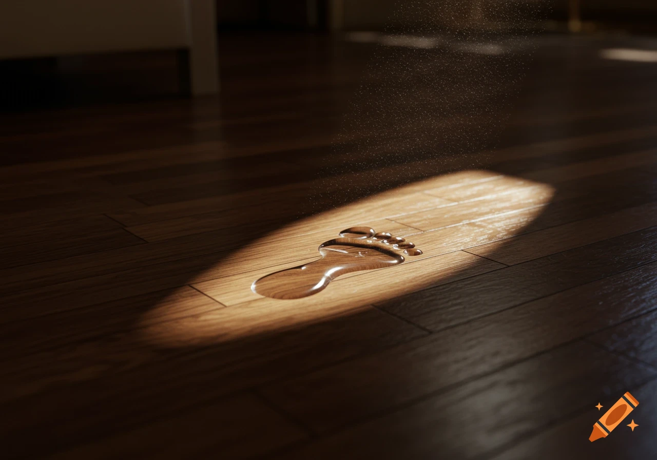 A wet footprint shimmering in a beam of sunlight on a polished brown wooden floor.