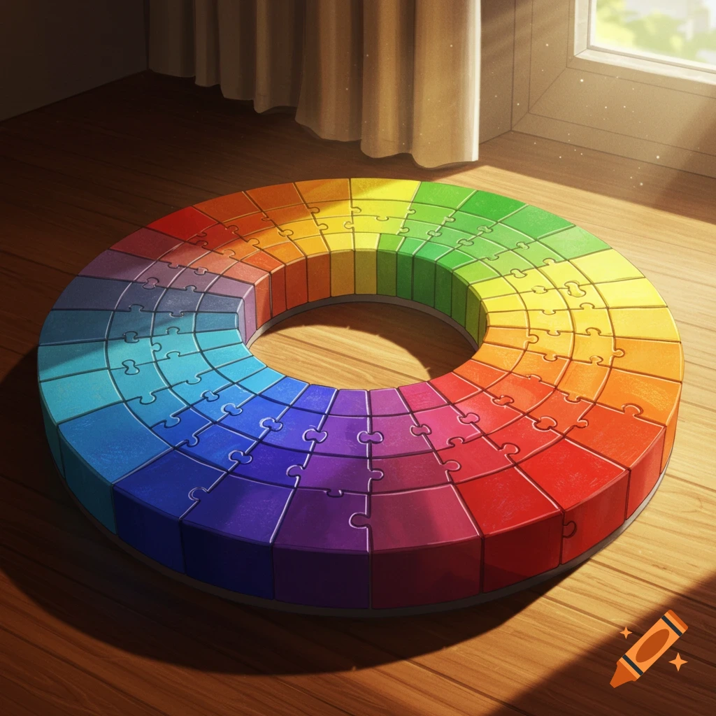 A colorful puzzle wheel, with pieces arranged in a spectrum of rainbow colors, sits on a wooden floor in a sunlit room.