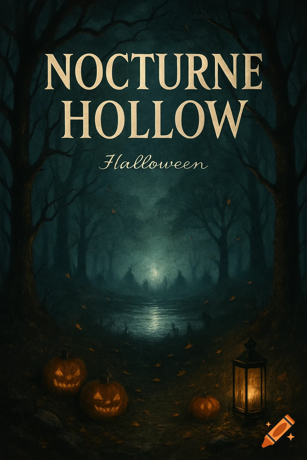 A moody Halloween poster: dark forest, glowing pumpkins, lantern. Text: 'NOCTURNE HOLLOW Halloween'.