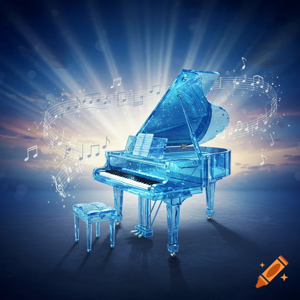 A glowing blue crystal grand piano and matching stool sit under a sky with sun rays, surrounded by swirling white musical notes and sparkles.