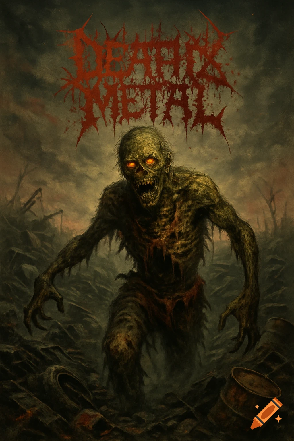 Gritty horror illustration of a rotting zombie with glowing eyes standing in a desolate garbage dump under a dark sky, with 'DEATH METAL' text above.