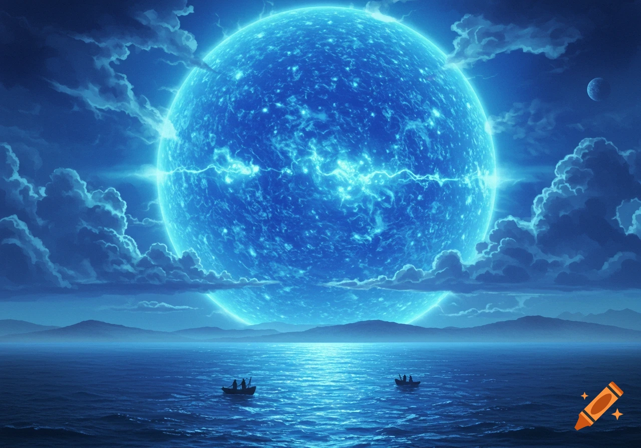 Two boats on a tranquil blue ocean beneath a gigantic glowing blue sun, with distant mountains, clouds, and a small moon in the sky.
