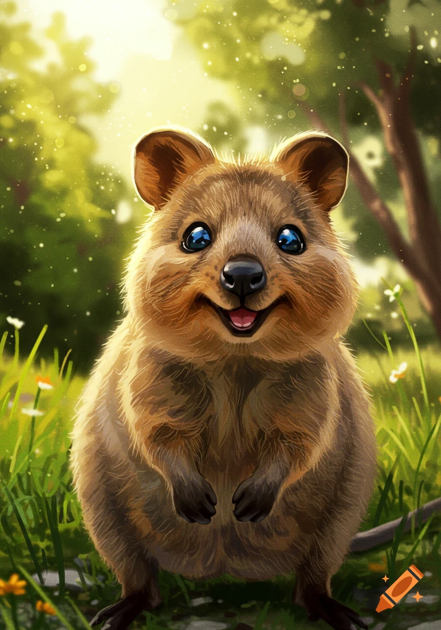 A cute, smiling quokka with bright blue eyes looks directly forward in a sunlit grassy forest.
