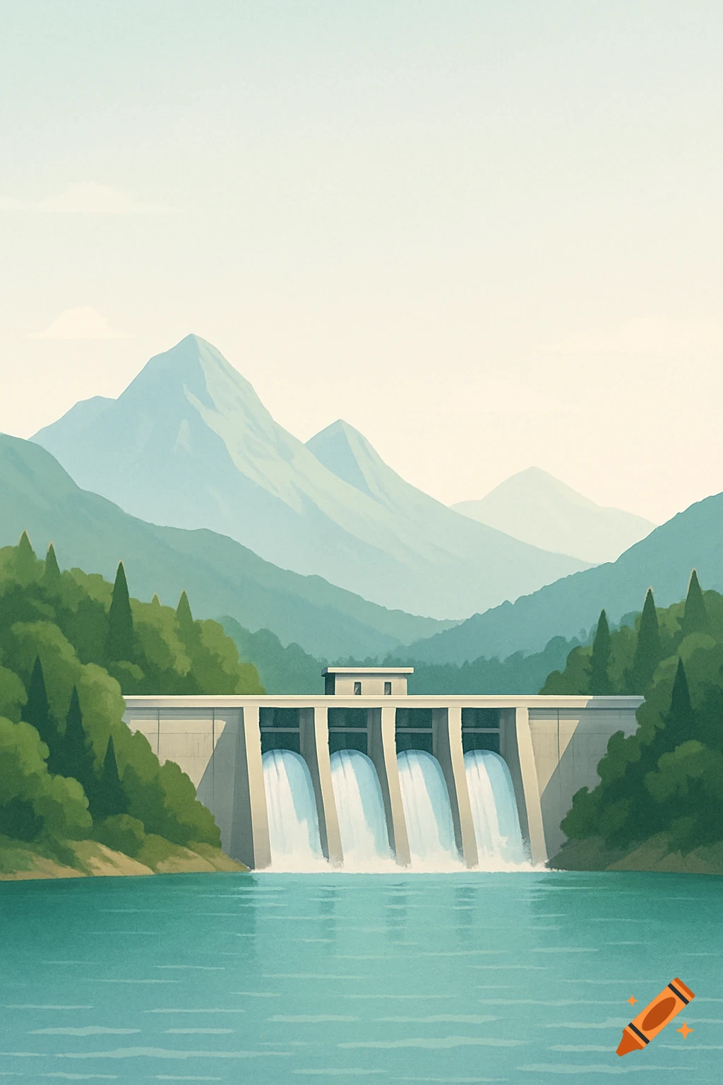 A stylized illustration of a hydropower dam with water flowing, surrounded by green trees and misty mountains.