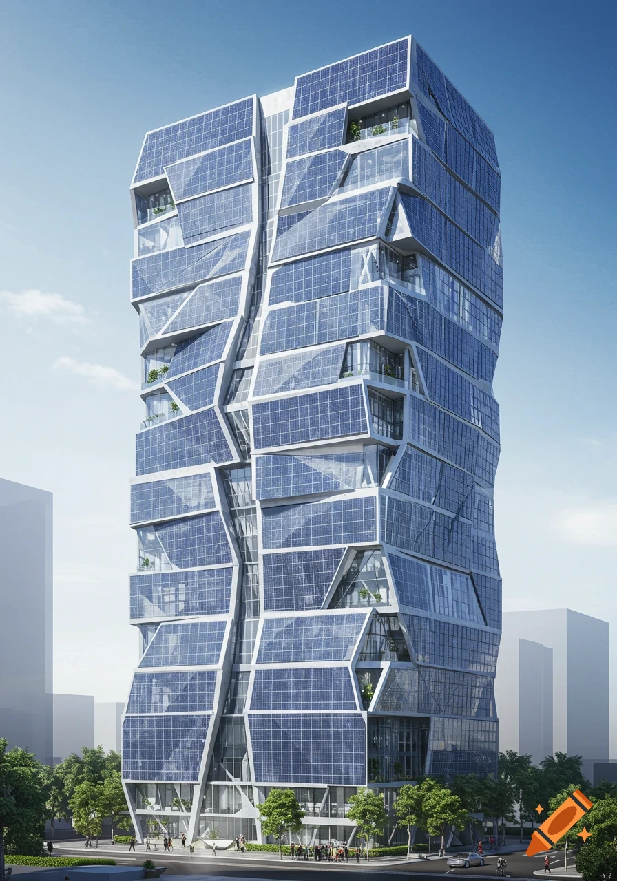 A tall, modern building with a hybrid facade of angled blue solar panels and glass against a blue sky.