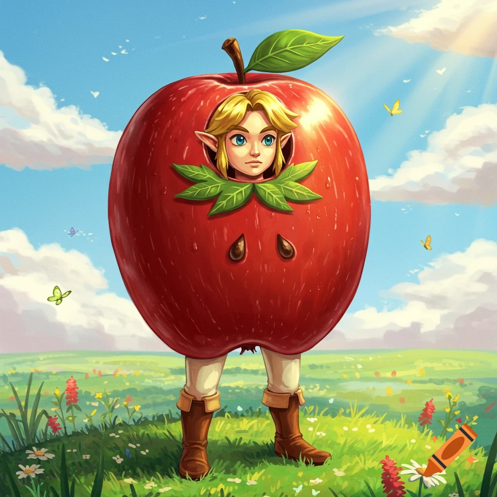 Link from Zelda, dressed in a red apple costume, stands in a vibrant green meadow under a blue sky.