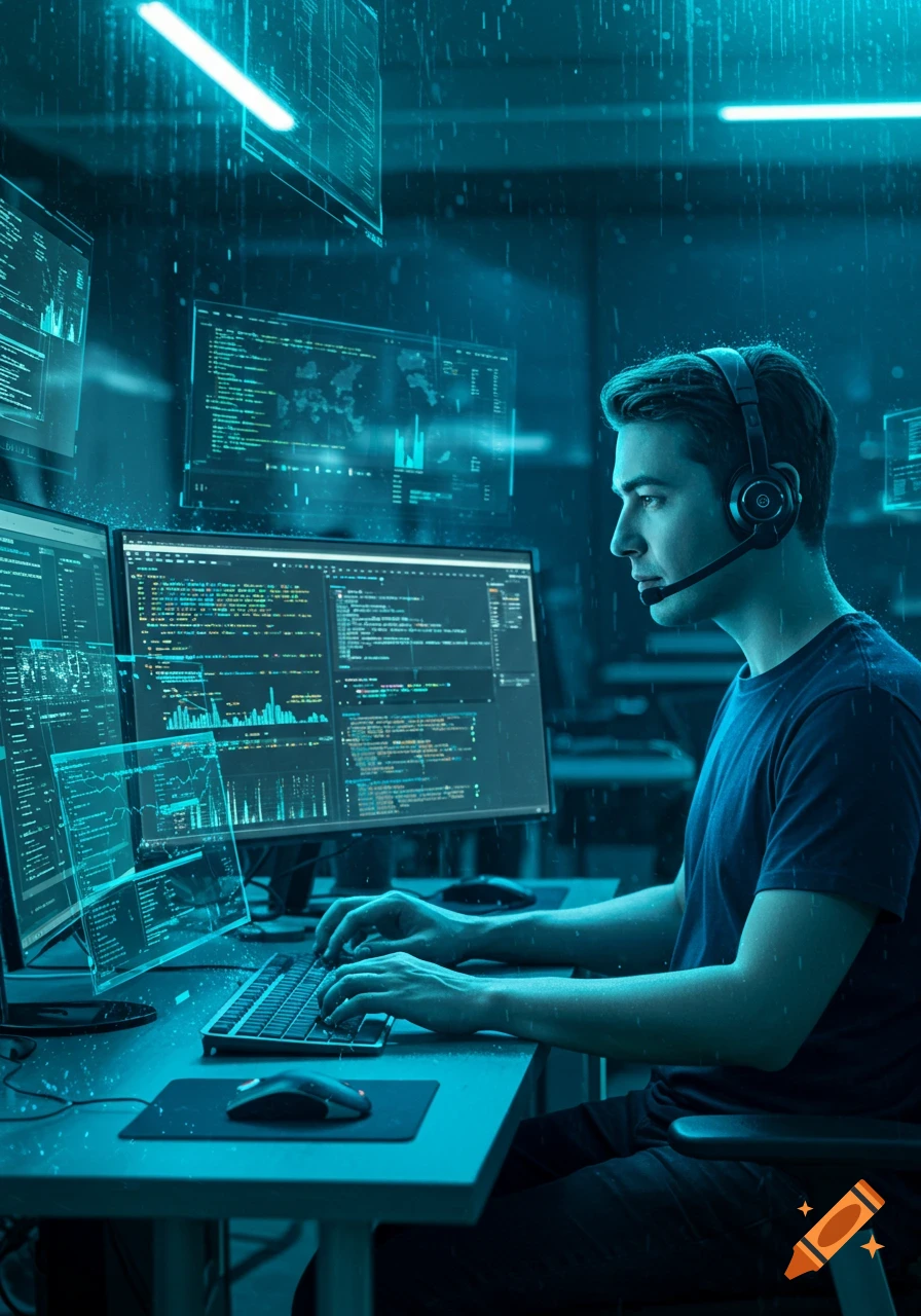 A man wearing a headset types on a keyboard while looking at multiple computer screens displaying code and data in a dark, blue-lit room.