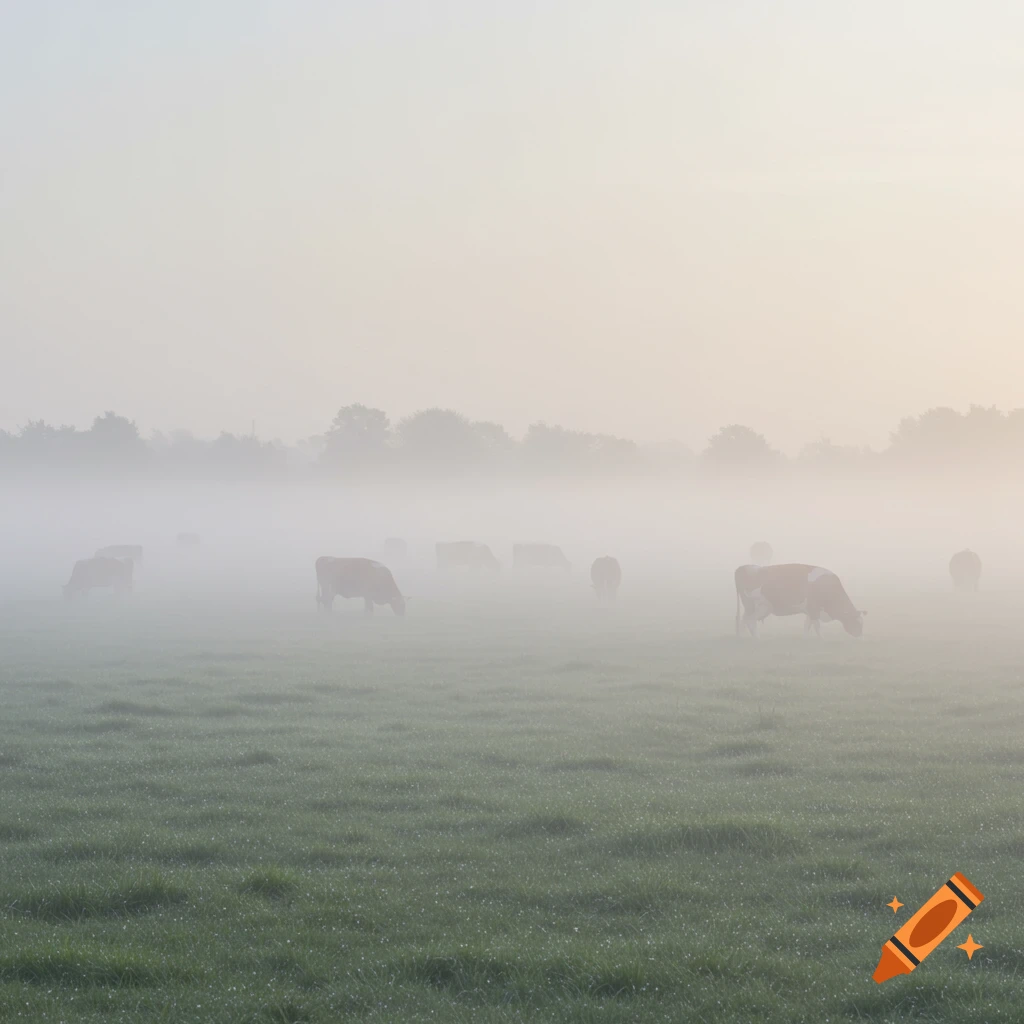 Cows graze in a vast, misty green field under a pale sky.