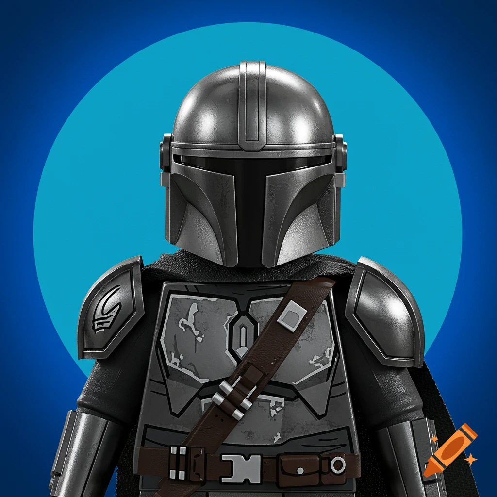 Close-up portrait of a Lego Mandalore the Preserver, wearing detailed silver and black armor, against a blue circle background.