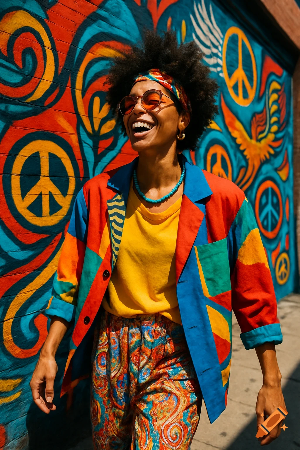 A person with an afro, colorful headband, and vibrant patterned clothes laughs joyfully in front of a psychedelic mural with peace signs.