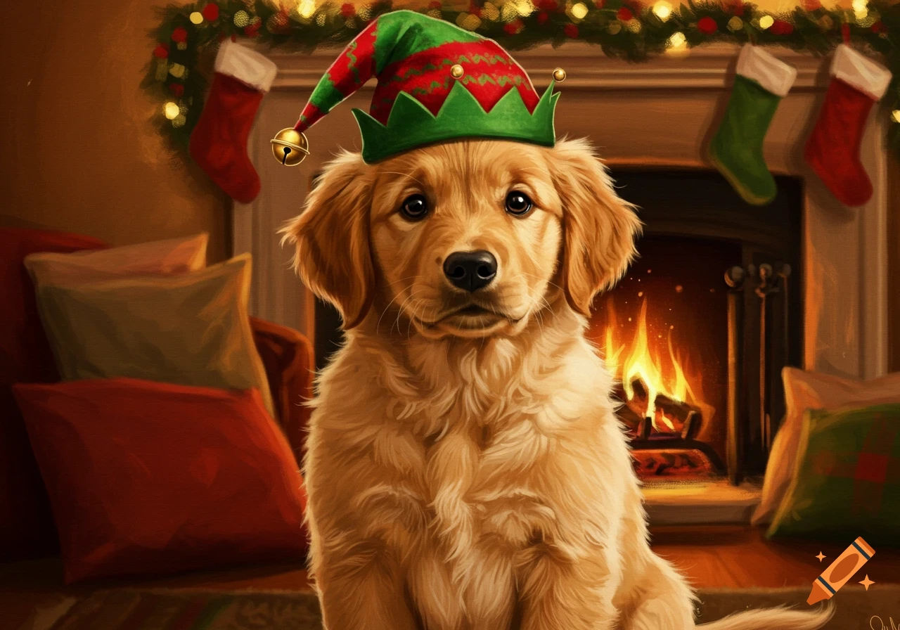 A golden retriever puppy wearing a festive elf hat sits in front of a cozy Christmas fireplace with stockings and garland.