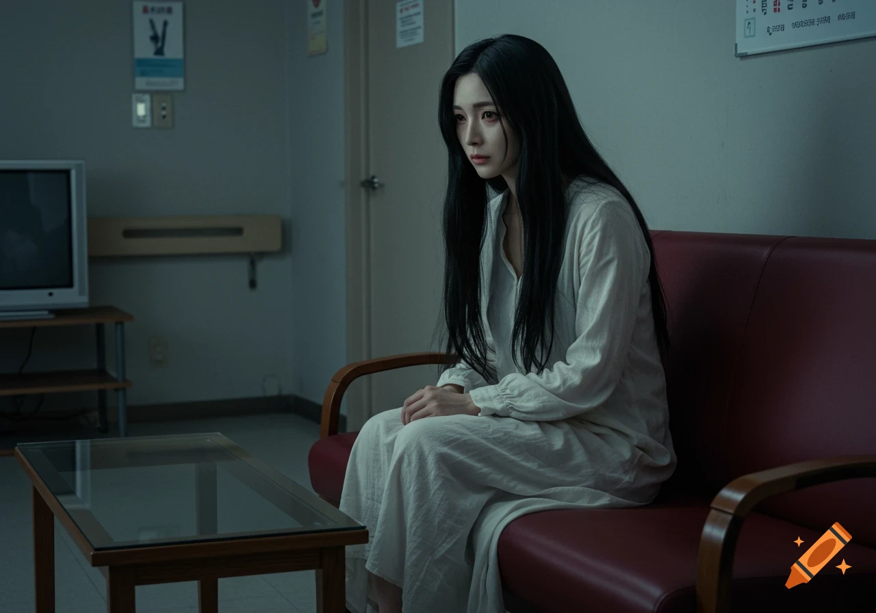 A sad Japanese ghost woman with long black hair sits on a maroon sofa in a dim hospital waiting room in a cinematic style.