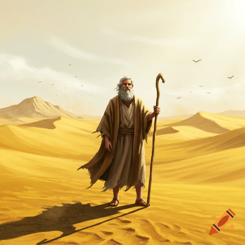 An old, bearded man in robes with a staff stands in a vast, sunny desert with rolling dunes and birds flying in the sky.