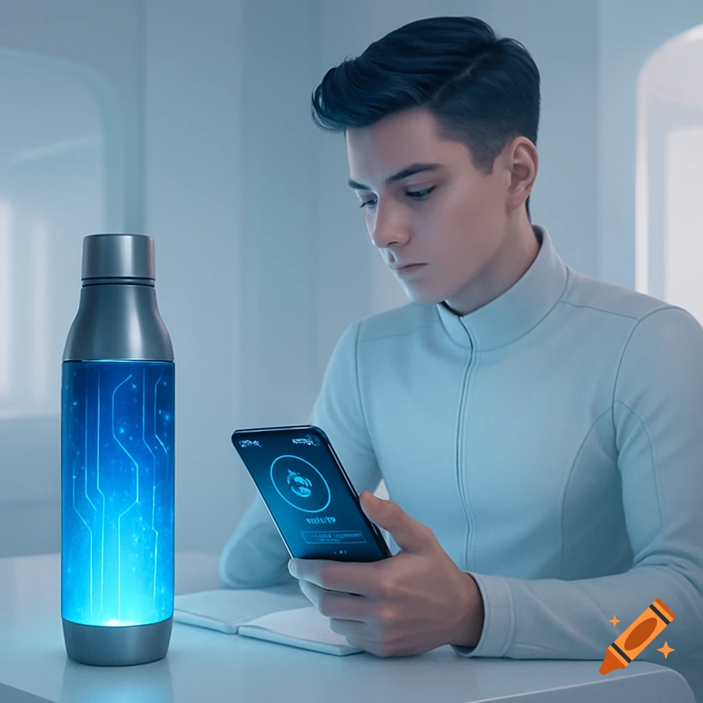 A futuristic student sits at a desk, looking at a phone with an AI app, next to a glowing blue smart water bottle.