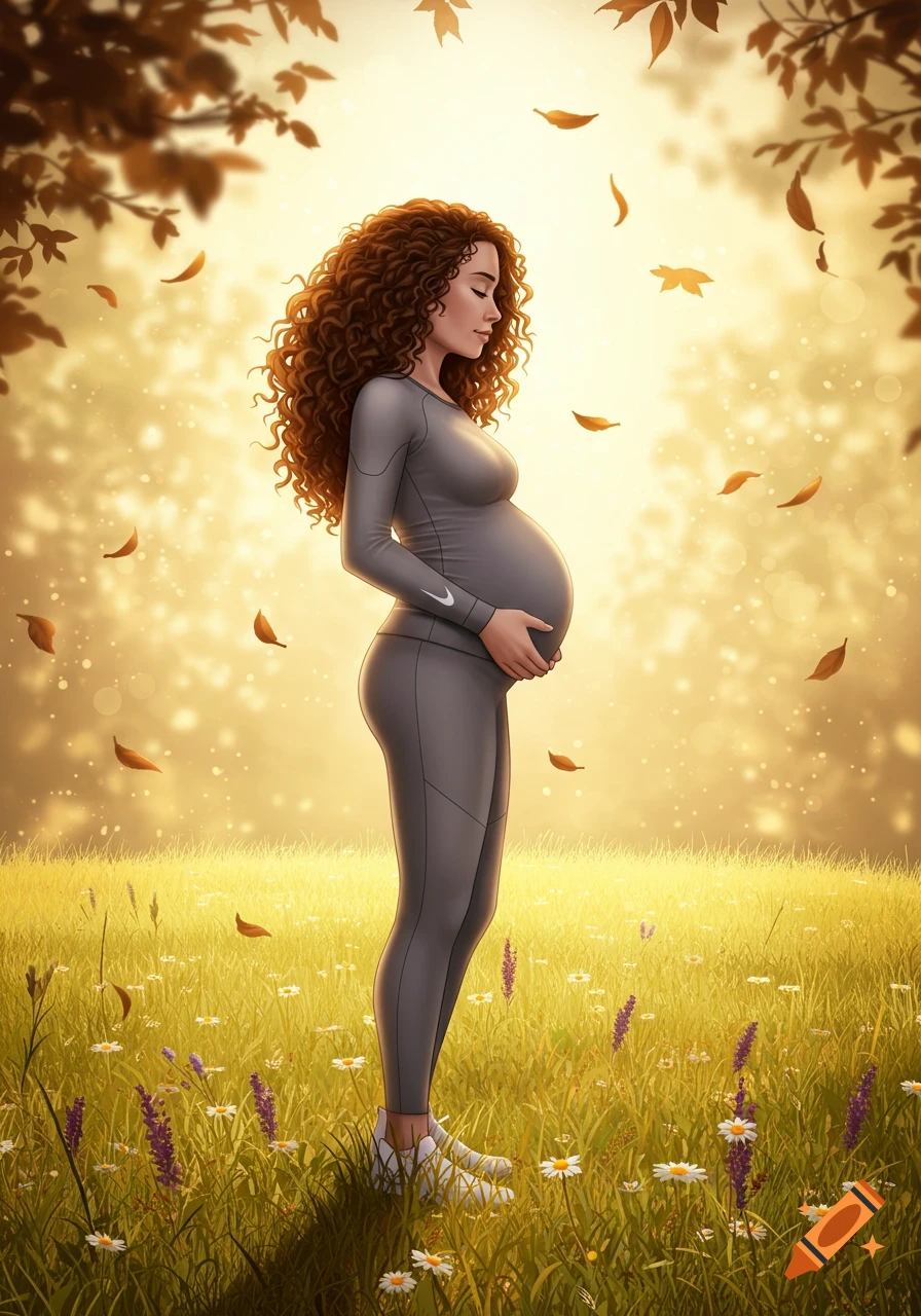 Stylized illustration of a pregnant woman with curly hair in grey Nike athletic wear, cradling her belly in a sunlit field with falling autumn leaves and wildflowers.