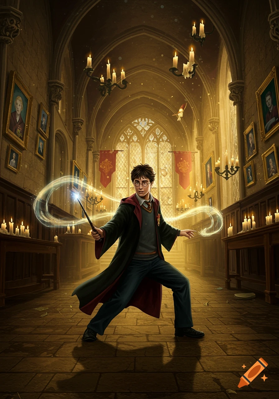 Harry Potter casts a spell with a glowing wand in a grand, candlelit hall, resembling Hogwarts, in a fantasy illustration.